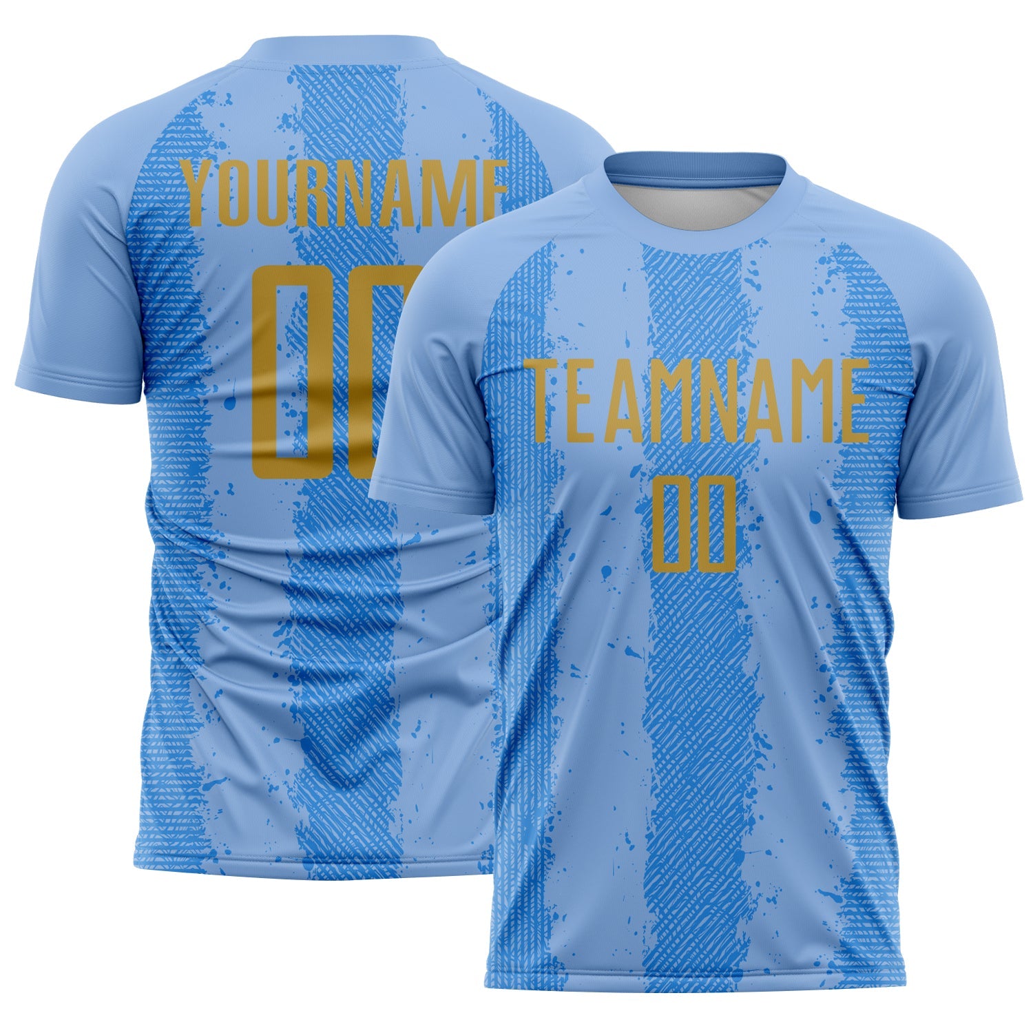 Custom Light Blue Old Gold-Powder Blue Argentina Stripes Sports Sublimation Soccer Uniform Jersey - Main View