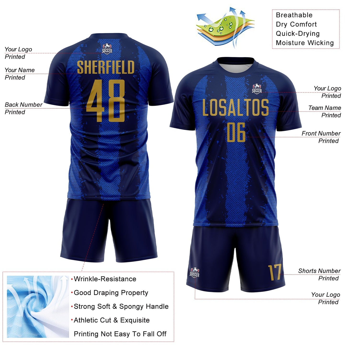 Custom Navy Old Gold-Thunder Blue Stripes Sports Sublimation Soccer Uniform Jersey view 4