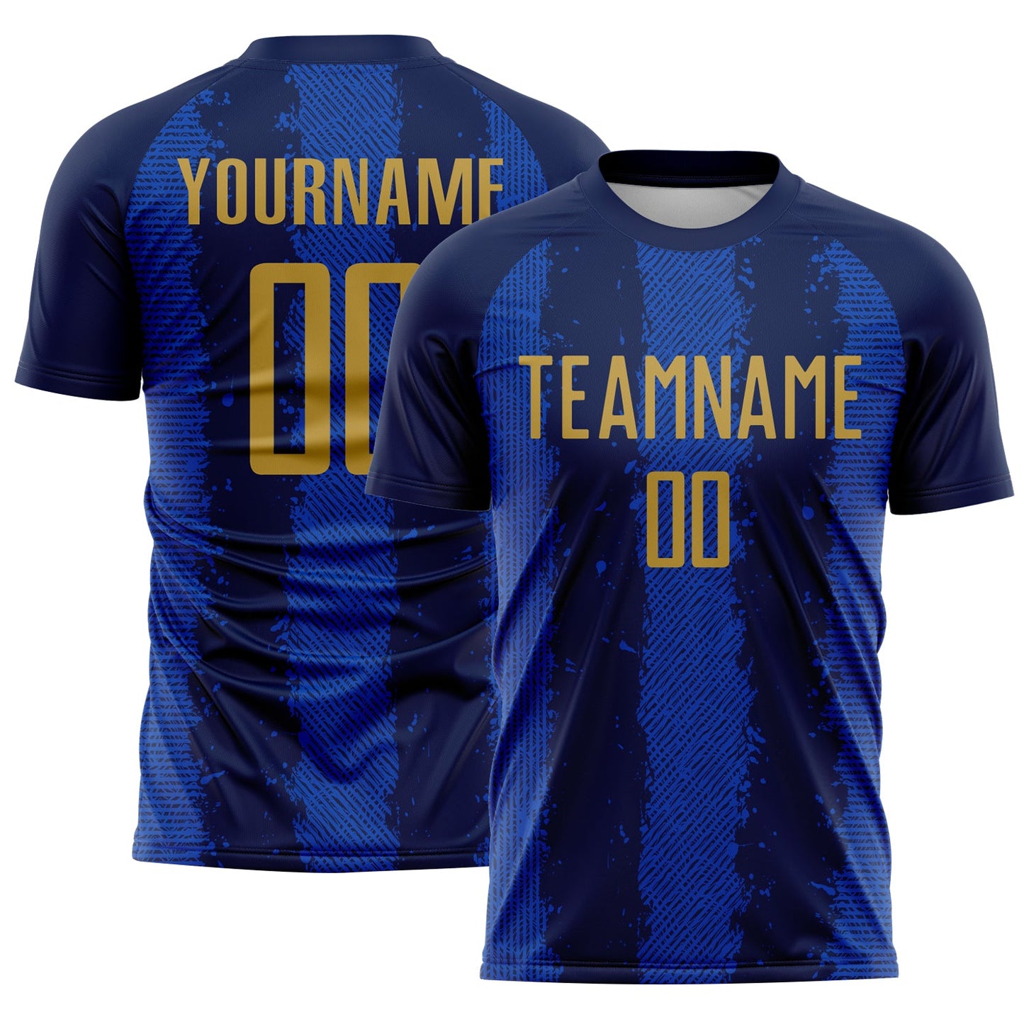 Custom Navy Old Gold-Thunder Blue Stripes Sports Sublimation Soccer Uniform Jersey - Main View