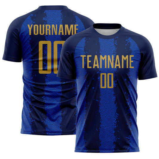 Custom Navy Old Gold-Thunder Blue Stripes Sports Sublimation Soccer Uniform Jersey - Main View