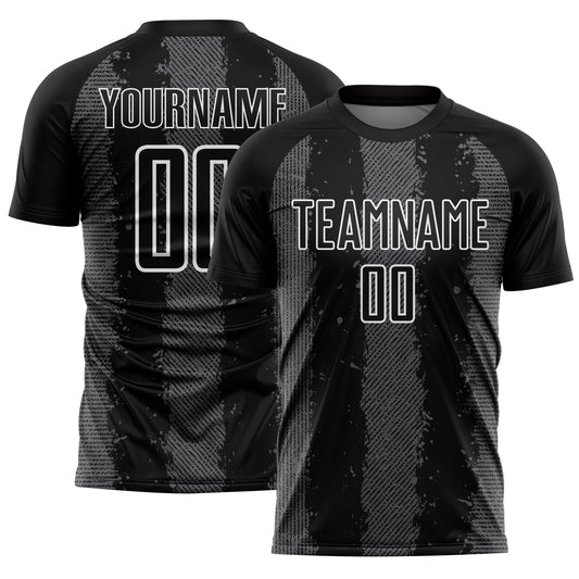 Custom Black Steel Gray-White Stripes Sports Sublimation Soccer Uniform Jersey - Main View