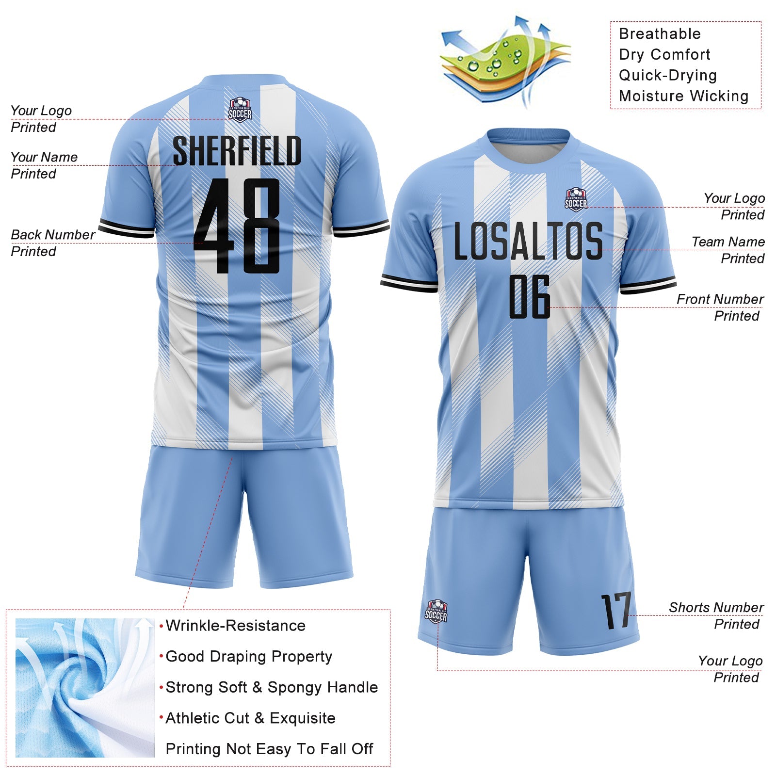 Custom Light Blue Black-White Argentina Stripes Sports Sublimation Soccer Uniform Jersey view 4