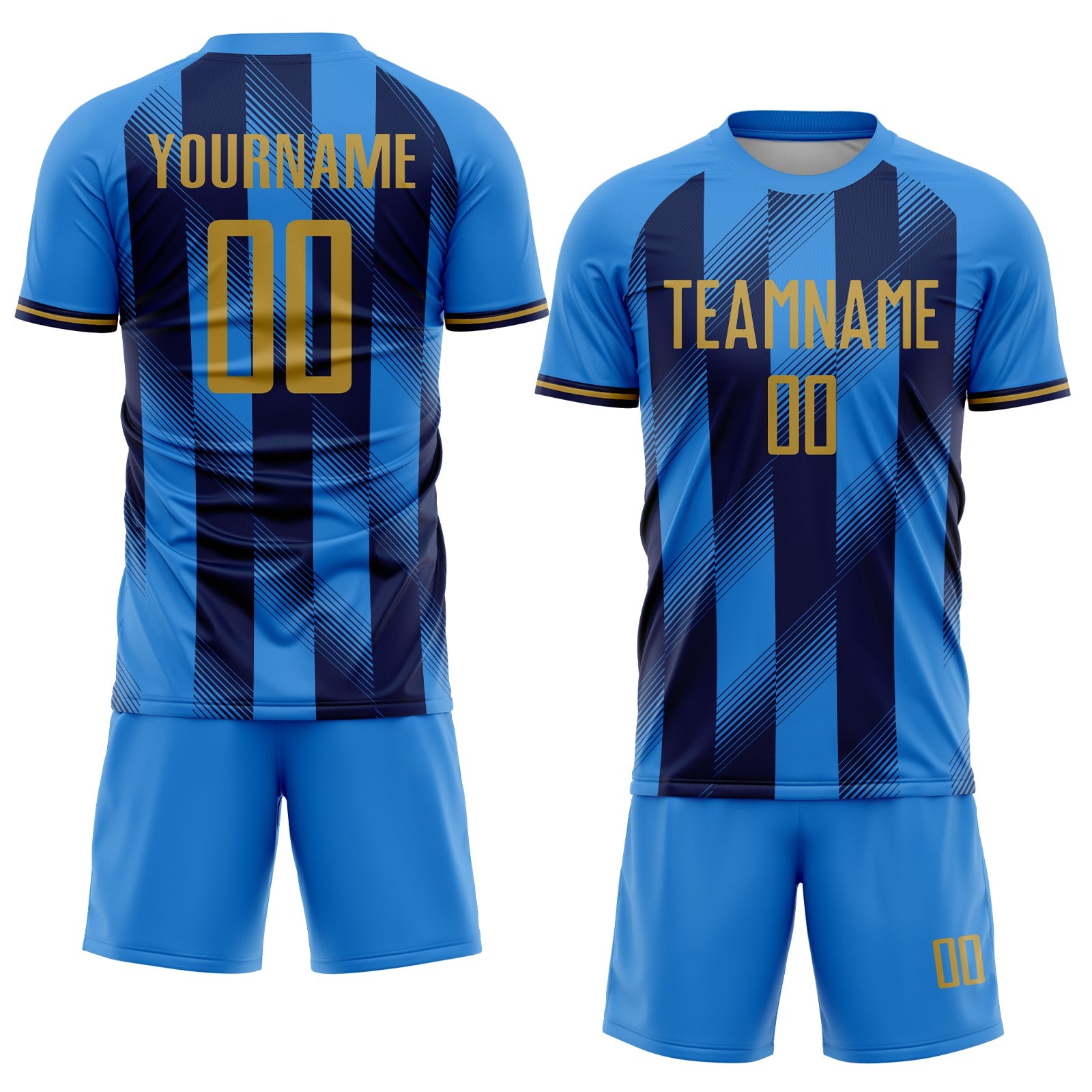 Custom Powder Blue Old Gold-Navy Stripes Sports Sublimation Soccer Uniform Jersey view 2