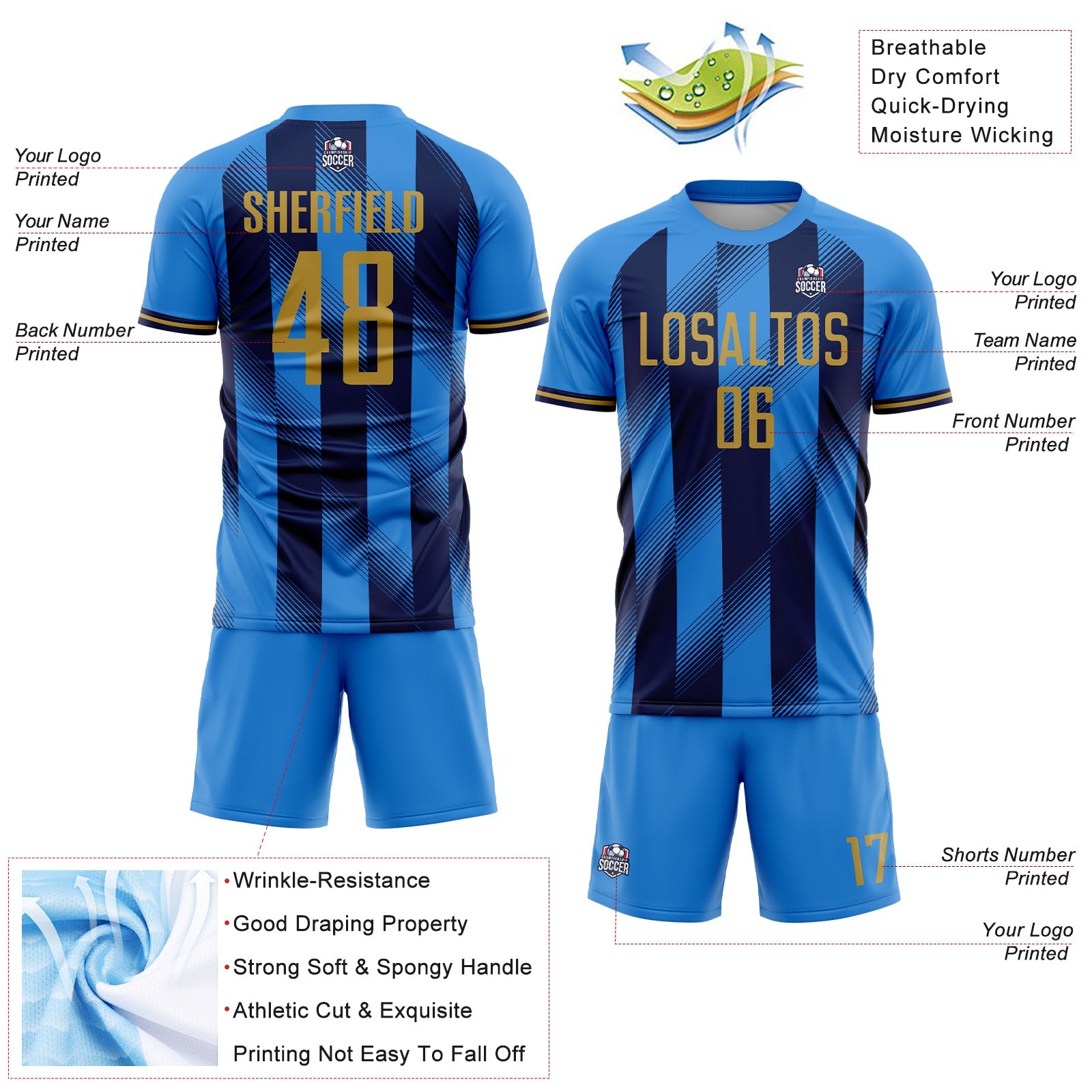 Custom Powder Blue Old Gold-Navy Stripes Sports Sublimation Soccer Uniform Jersey view 4