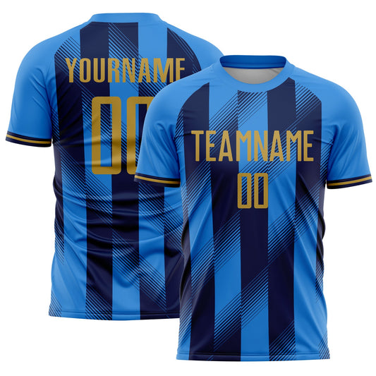Custom Powder Blue Old Gold-Navy Stripes Sports Sublimation Soccer Uniform Jersey - Main View