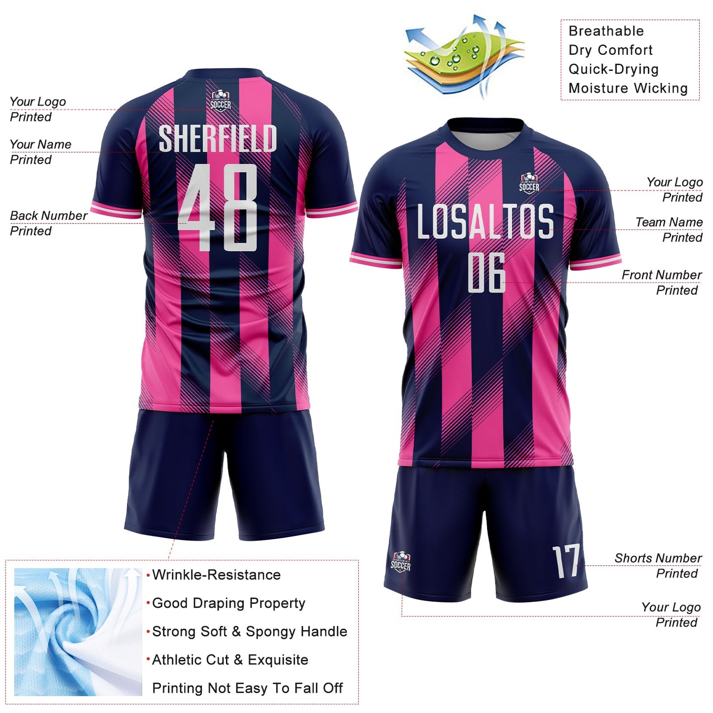 Custom Navy White-Pink Stripes Sports Sublimation Soccer Uniform Jersey view 4