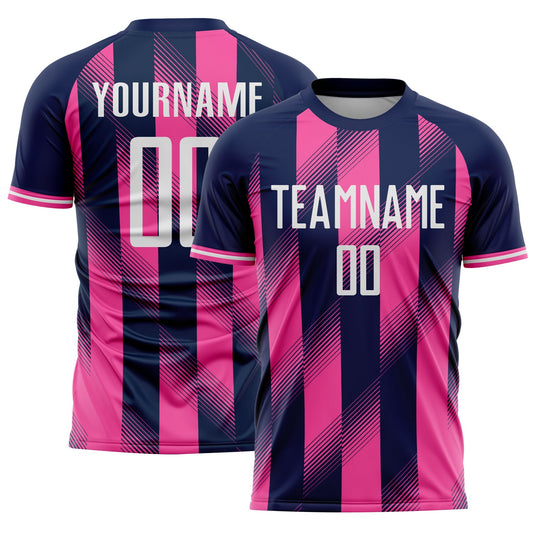 Custom Navy White-Pink Stripes Sports Sublimation Soccer Uniform Jersey - Main View