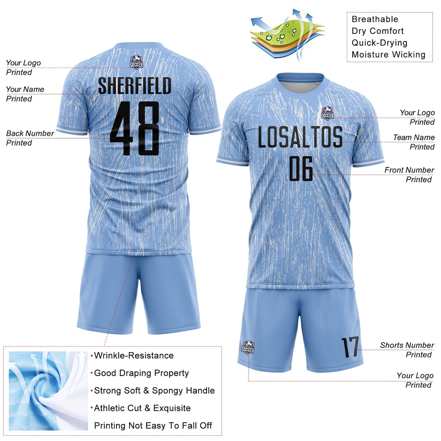 Custom Light Blue Black-White Argentina Splatter Pattern Sports Sublimation Soccer Uniform Jersey view 4