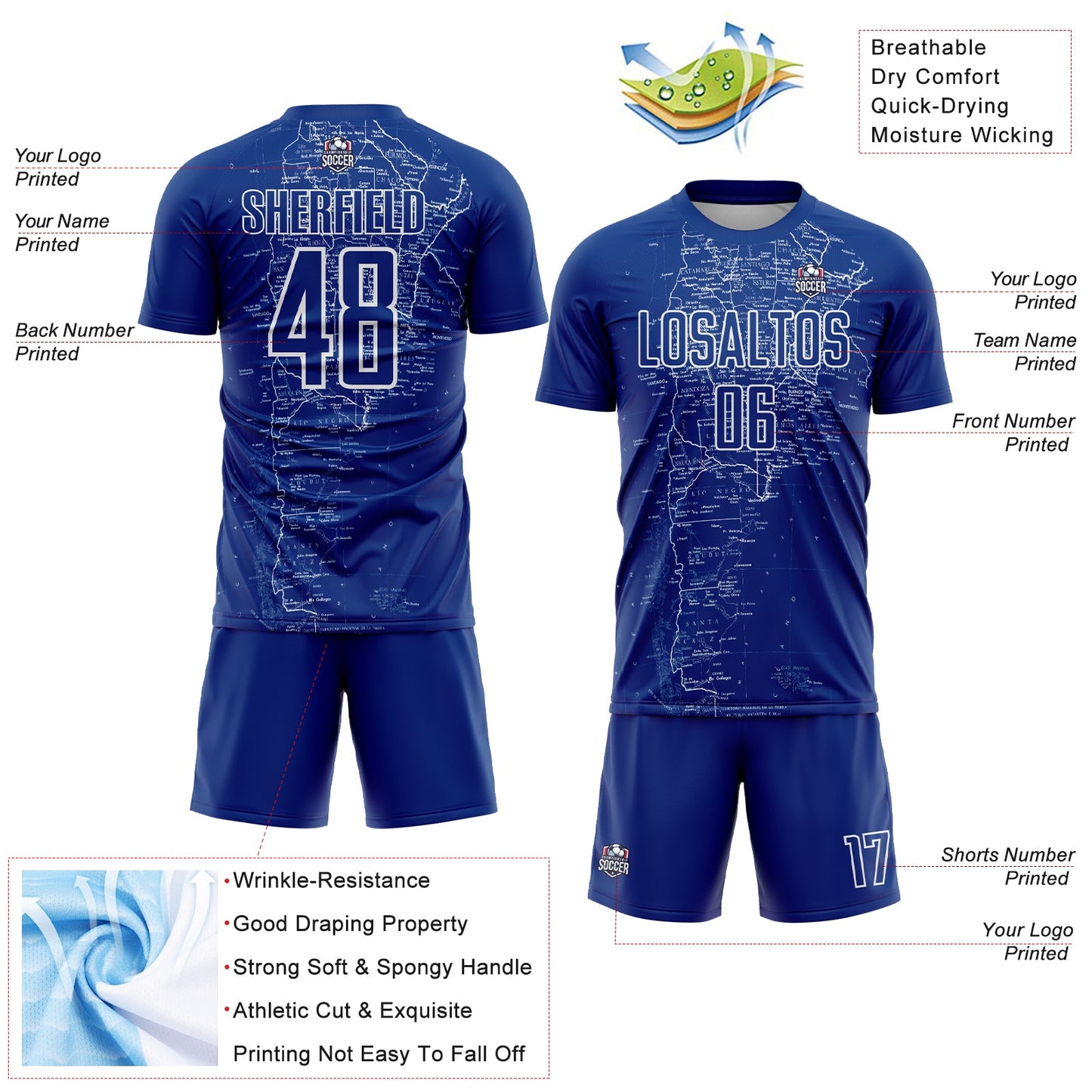 Custom Royal White Map Outline Sports Sublimation Soccer Uniform Jersey view 4