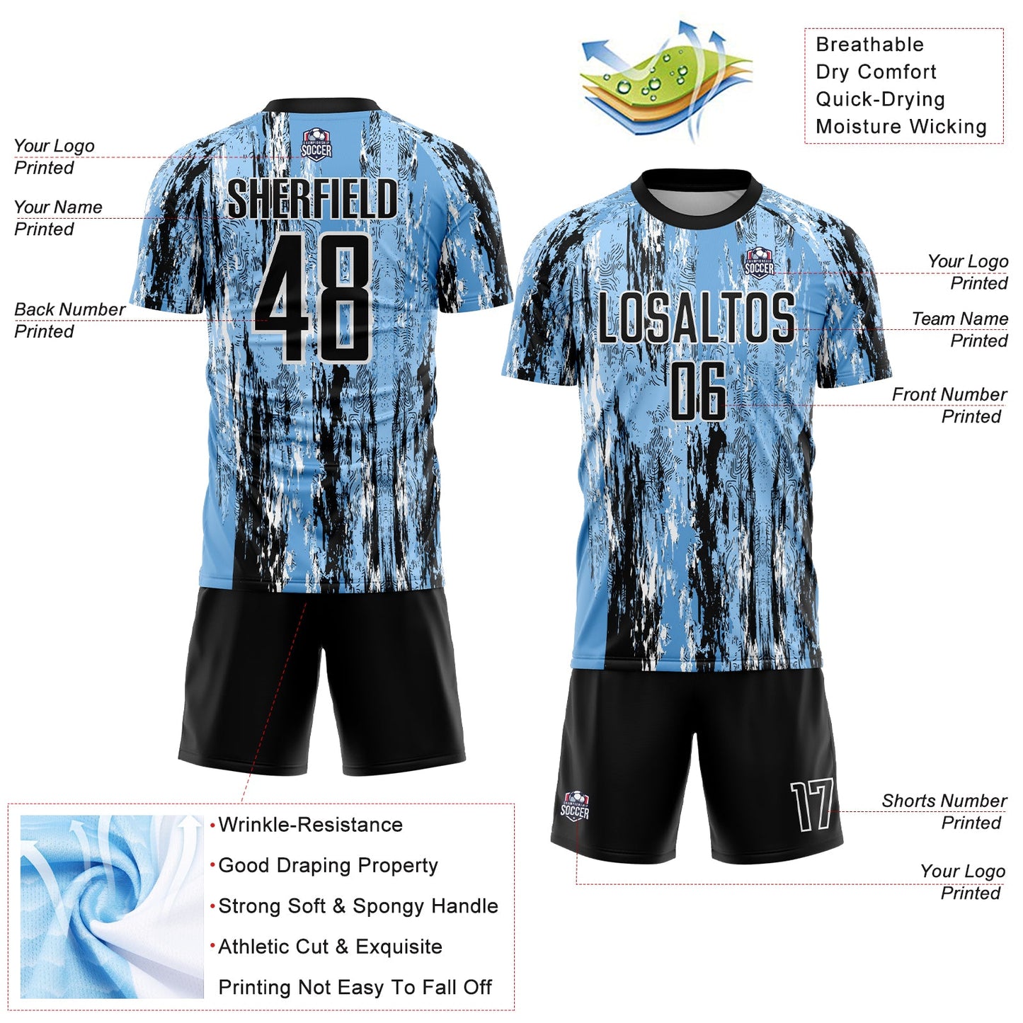 Custom Light Blue Black-White Argentina Splatter Pattern Sports Sublimation Soccer Uniform Jersey view 4