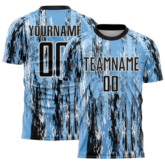 Custom Light Blue Black-White Argentina Splatter Pattern Sports Sublimation Soccer Uniform Jersey - Main View