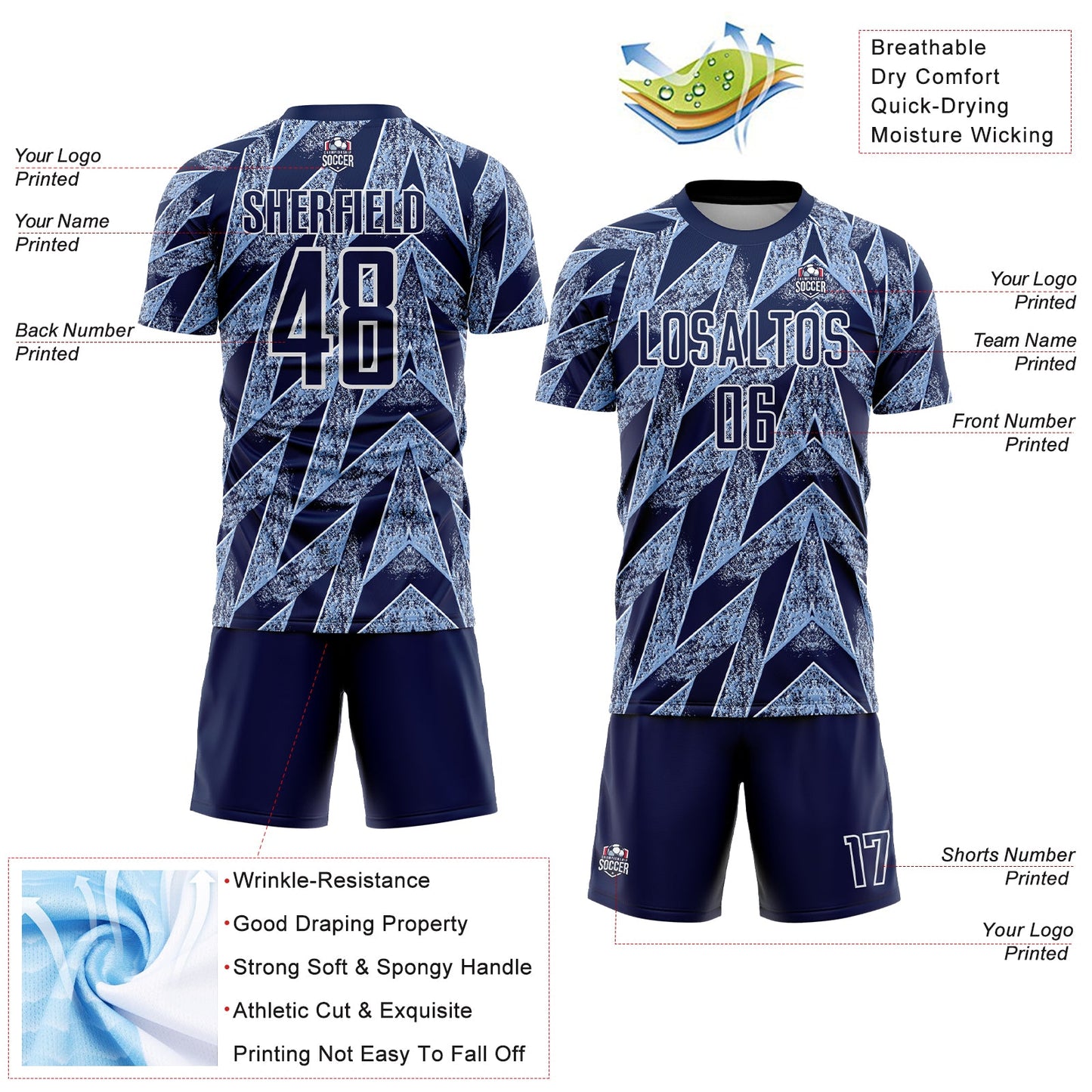 Custom Navy Light Blue-White Argentina Stripes Sports Sublimation Soccer Uniform Jersey view 4