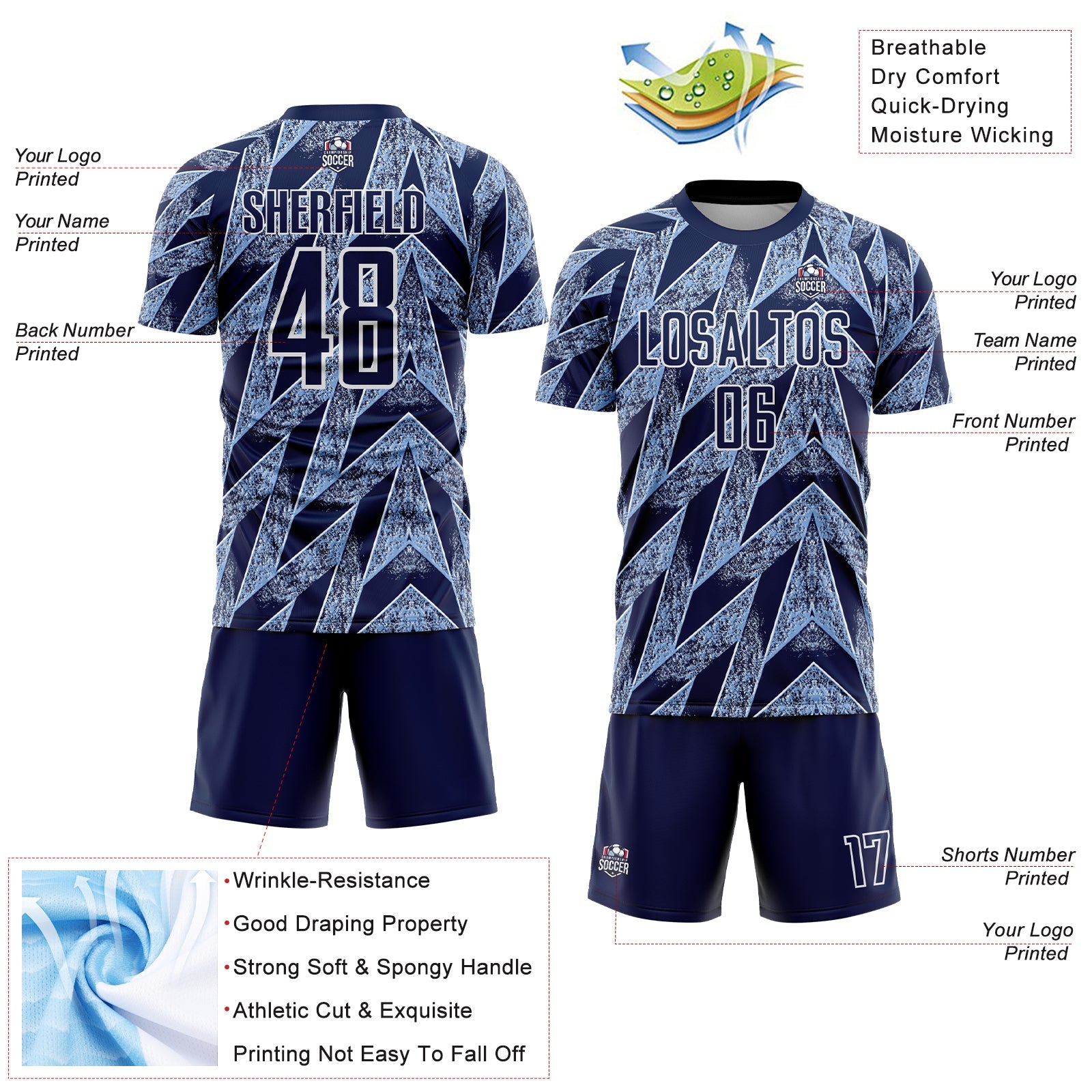 Custom Navy Light Blue-White Argentina Stripes Sports Sublimation Soccer Uniform Jersey view 4