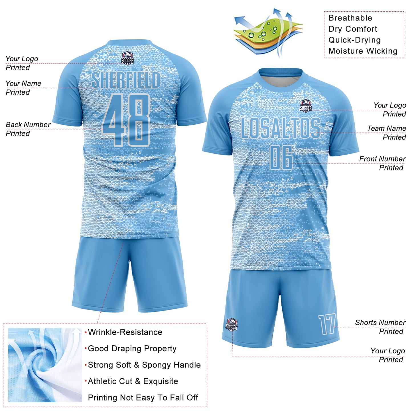 Custom Light Blue White Argentina Geometric Pattern Sports Sublimation Soccer Uniform Jersey view 4