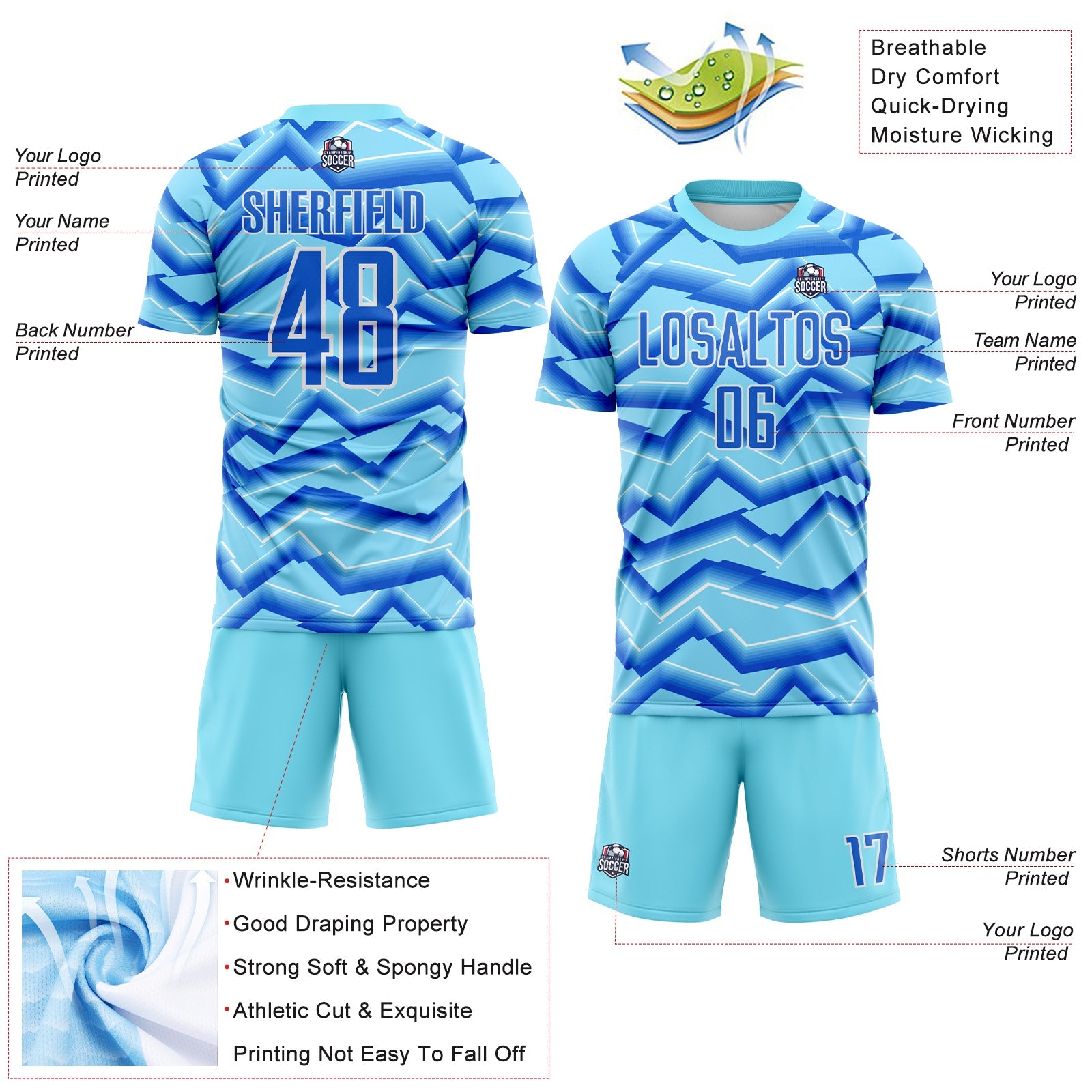 Custom Lakes Blue Powder Blue-White Lines Sports Sublimation Soccer Uniform Jersey view 4