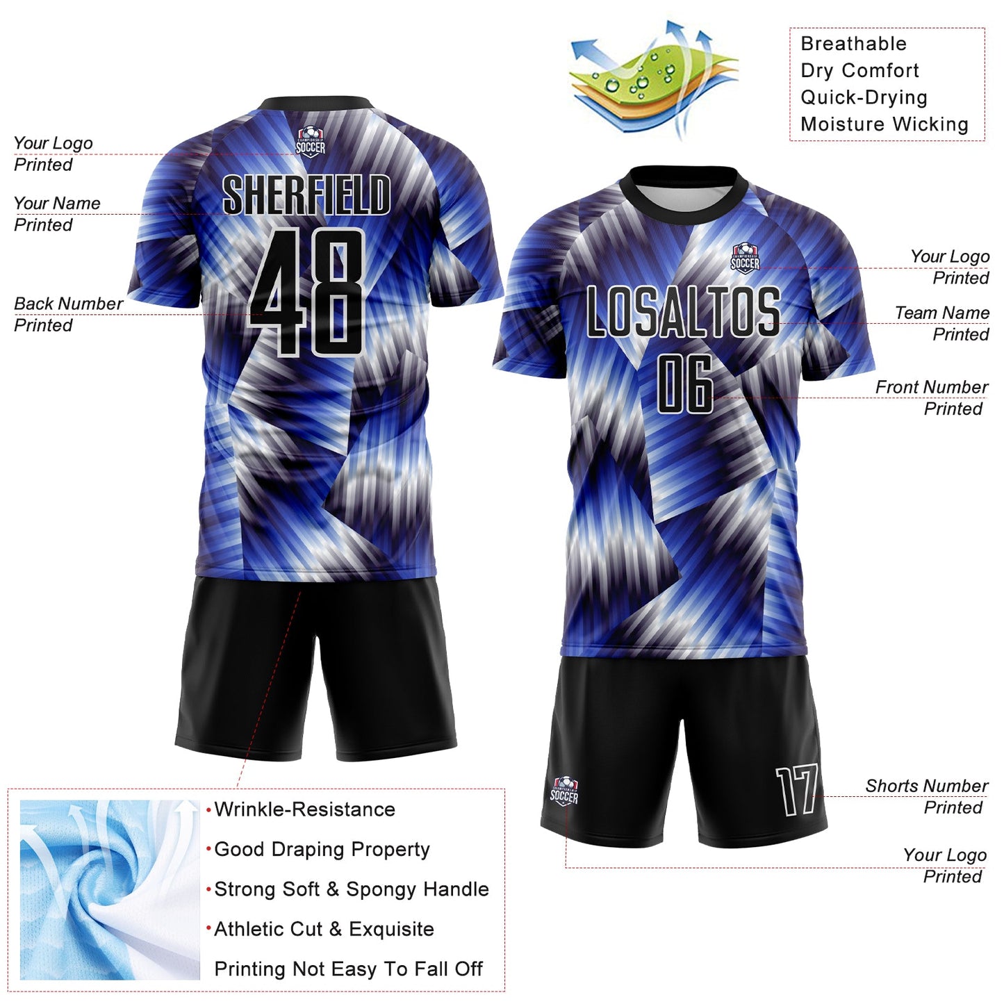 Custom Black Royal-White Lines Sports Sublimation Soccer Uniform Jersey view 4