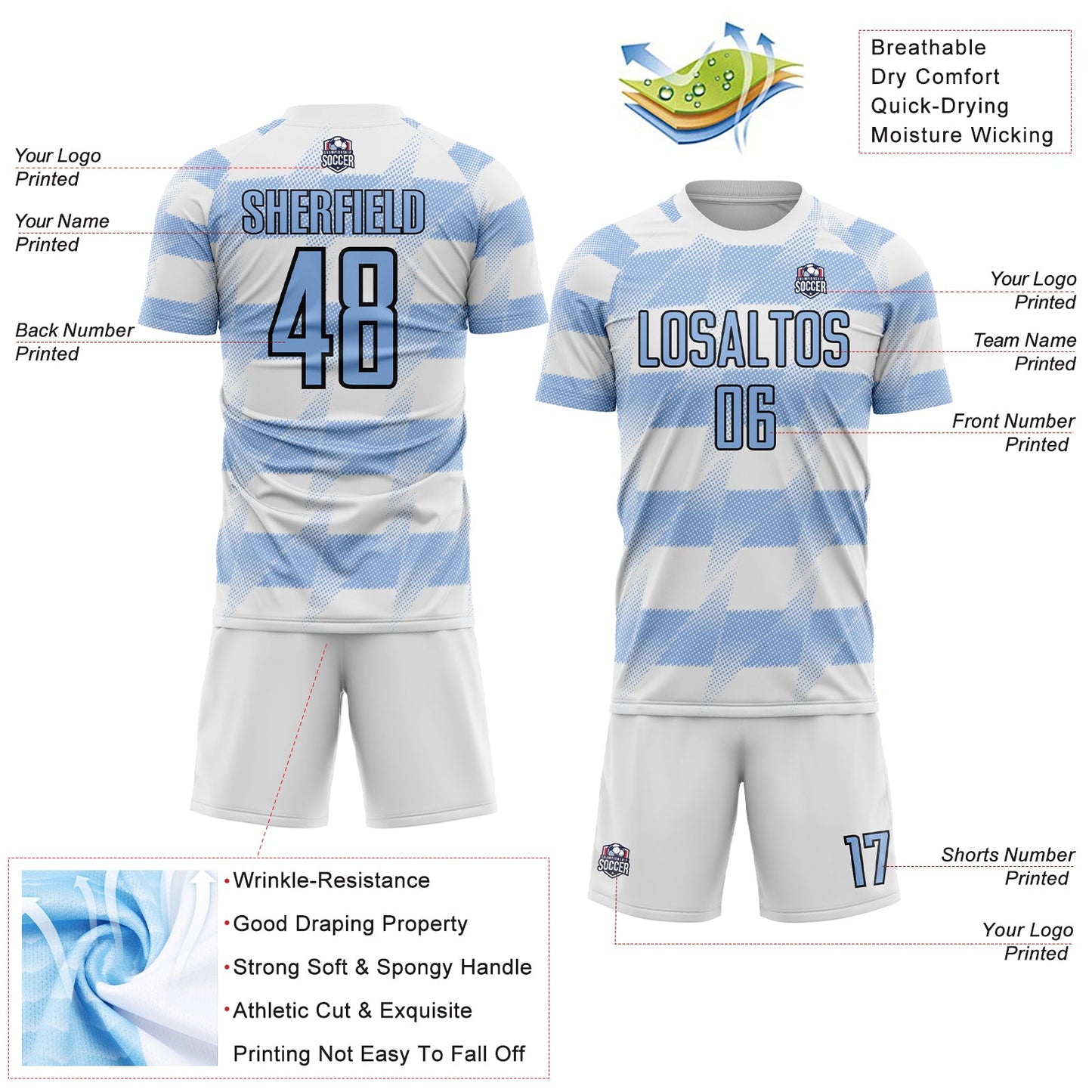 Custom White Light Blue-Black Argentina Stripes Sports Sublimation Soccer Uniform Jersey view 4
