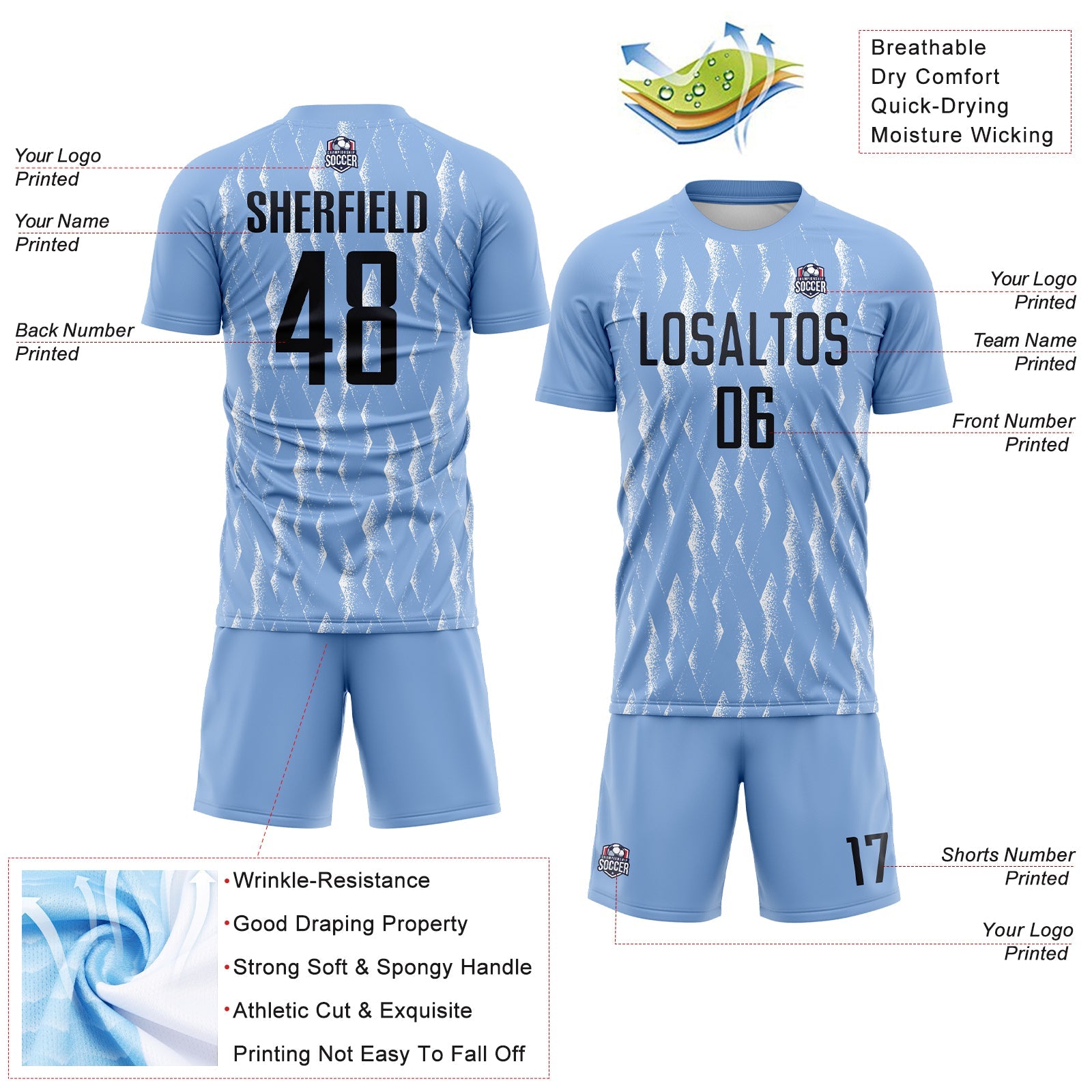Custom Light Blue Black-White Argentina Splatter Pattern Sports Sublimation Soccer Uniform Jersey view 4