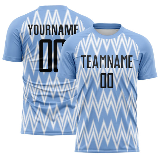 Custom Light Blue Black-White Argentina Zigzag Pattern Sports Sublimation Soccer Uniform Jersey - Main View