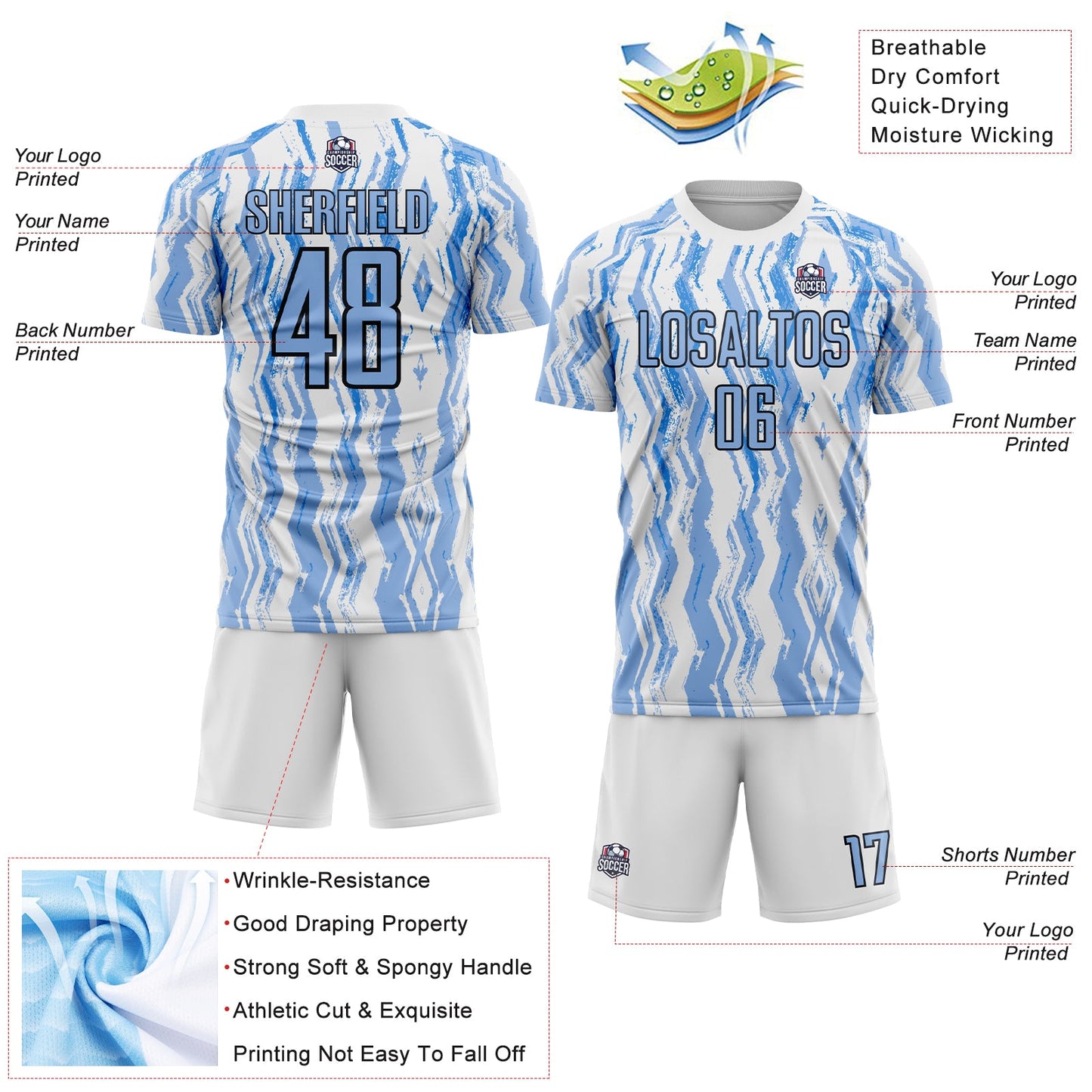 Custom White Light Blue-Black Argentina Splatter Pattern Sports Sublimation Soccer Uniform Jersey view 4