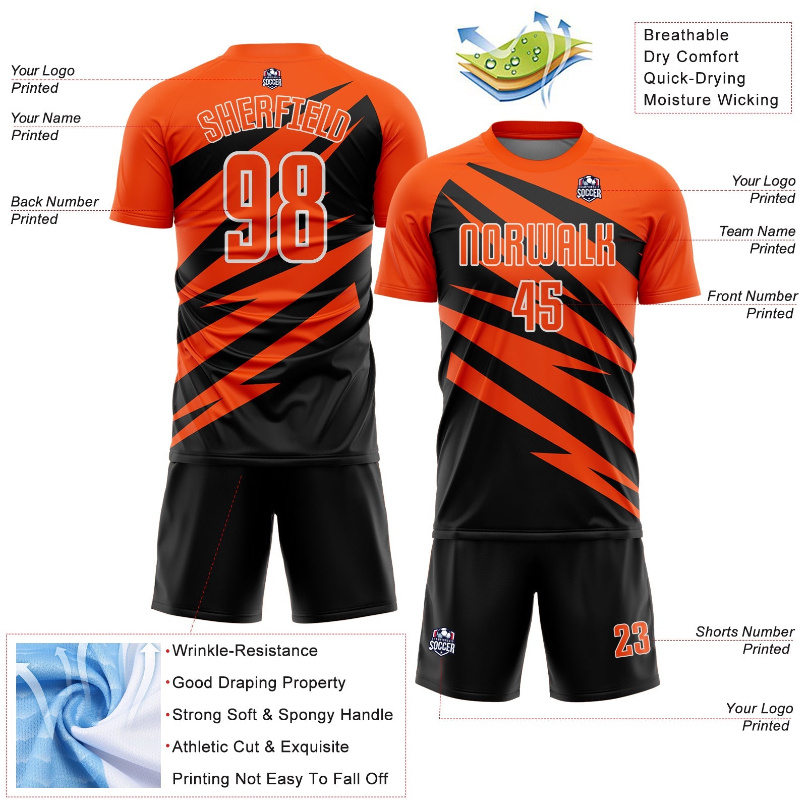 Custom Orange Black-White Abstract Line Sports Sublimation Soccer Uniform Jersey view 4