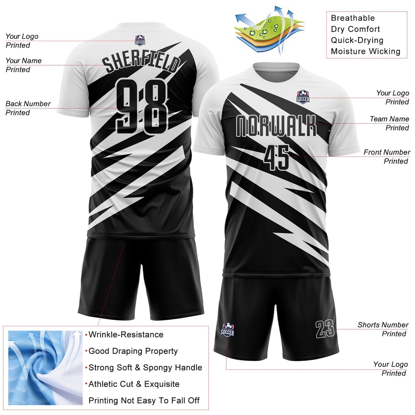 Custom White Black Abstract Line Sports Sublimation Soccer Uniform Jersey view 4