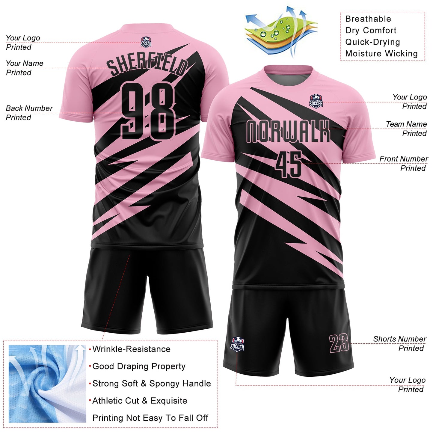 Custom Light Pink Black Abstract Line Sports Sublimation Soccer Uniform Jersey view 4