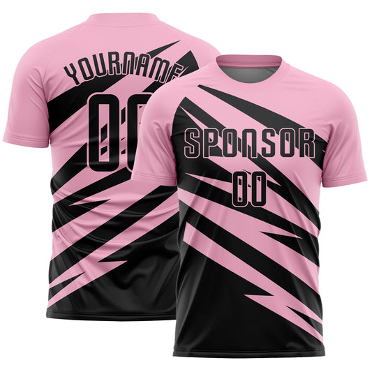 Custom Light Pink Black Abstract Line Sports Sublimation Soccer Uniform Jersey - Main View