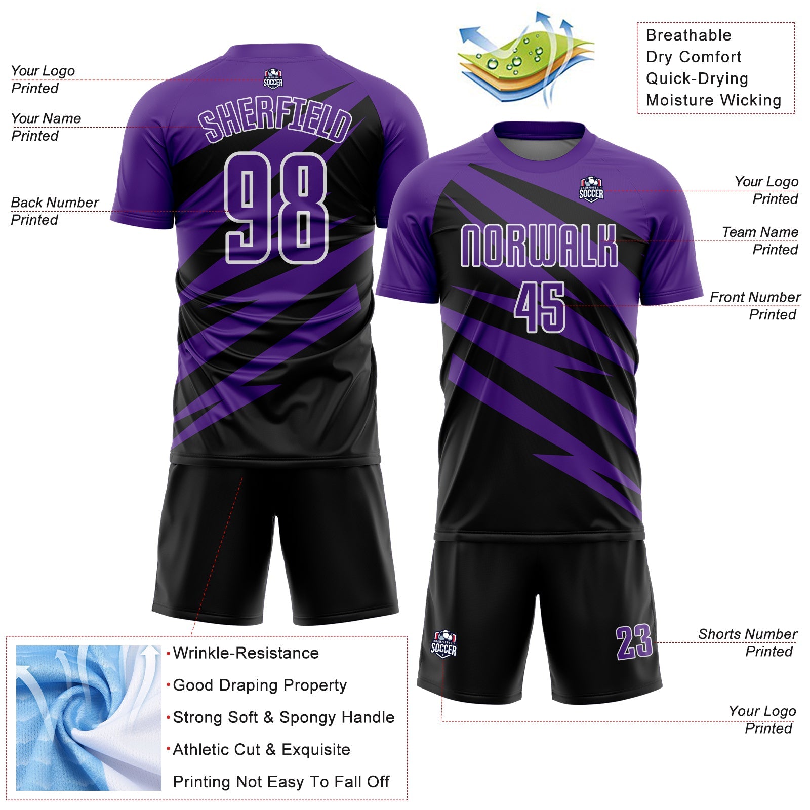 Custom Purple Black-White Abstract Line Sports Sublimation Soccer Uniform Jersey view 4