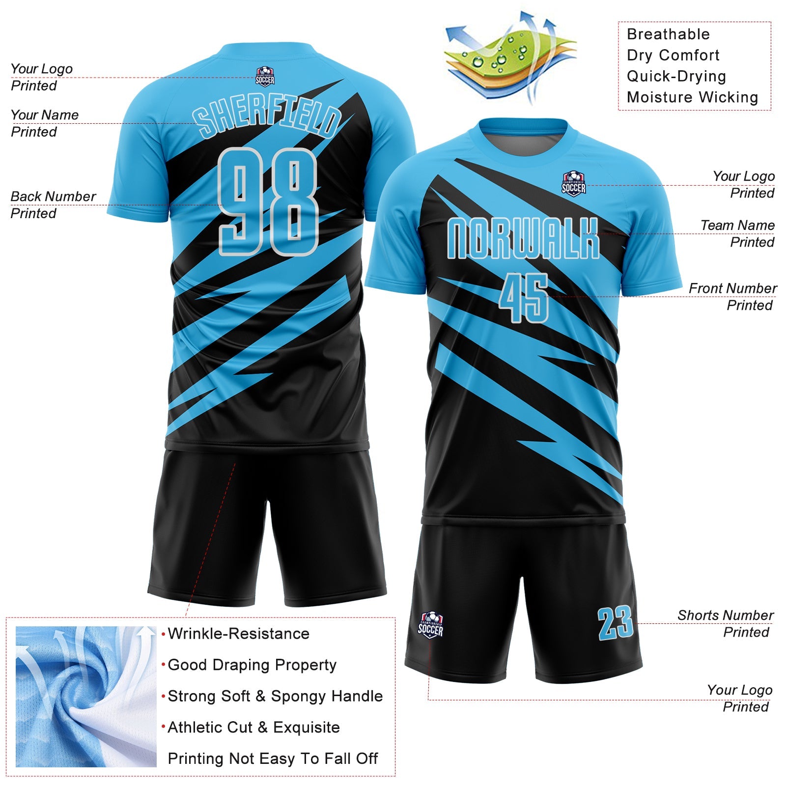 Custom Sky Blue Black-White Abstract Line Sports Sublimation Soccer Uniform Jersey view 4