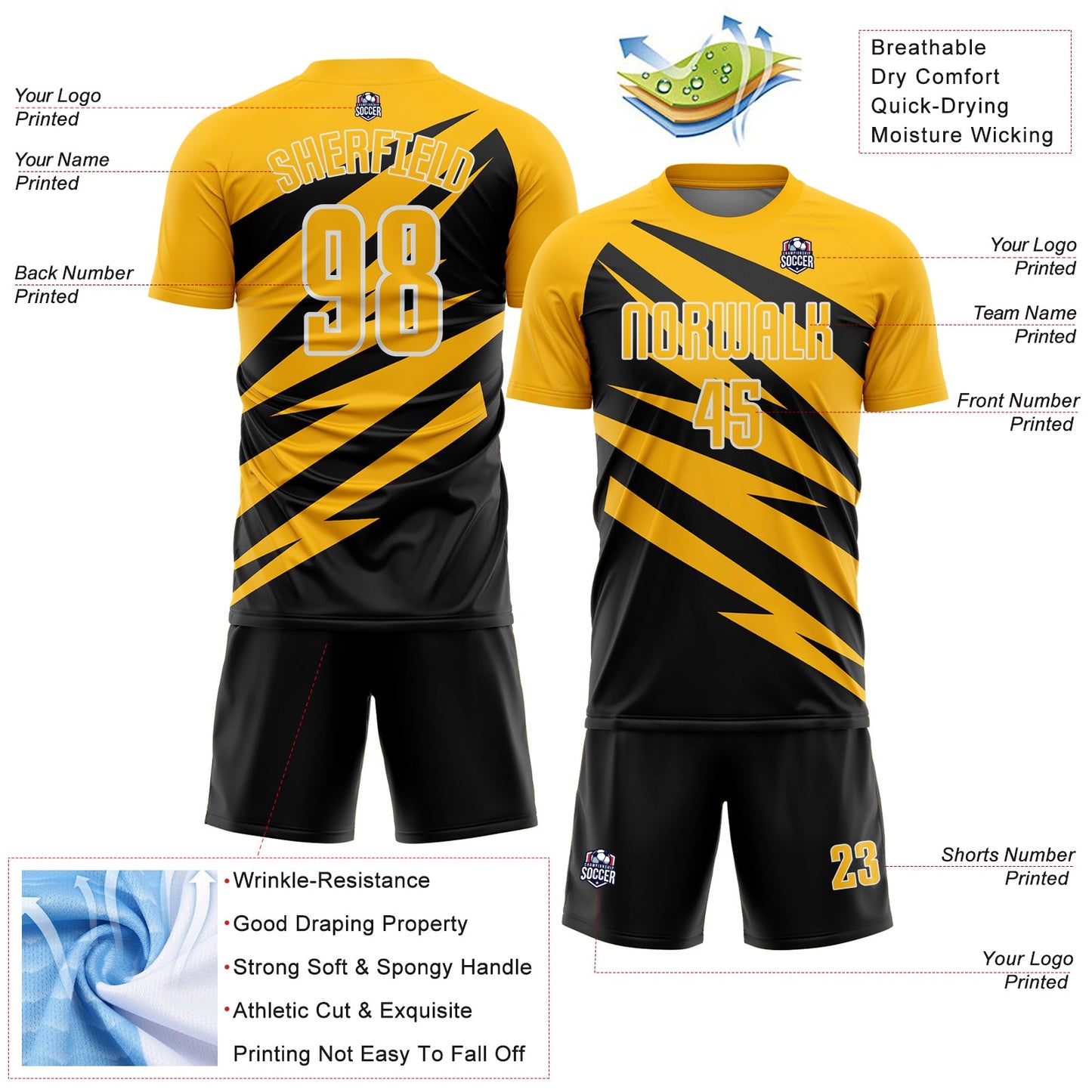 Custom Gold Black-White Abstract Line Sports Sublimation Soccer Uniform Jersey view 4
