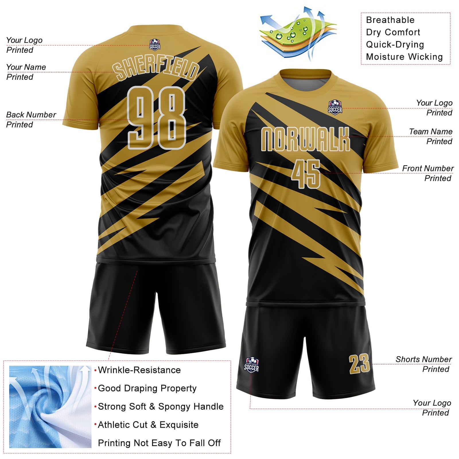 Custom Old Gold Black-White Abstract Line Sports Sublimation Soccer Uniform Jersey view 4