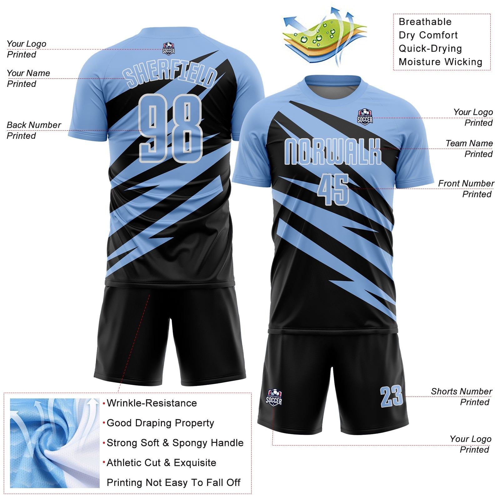 Custom Light Blue Black-White Abstract Line Sports Sublimation Soccer Uniform Jersey view 4