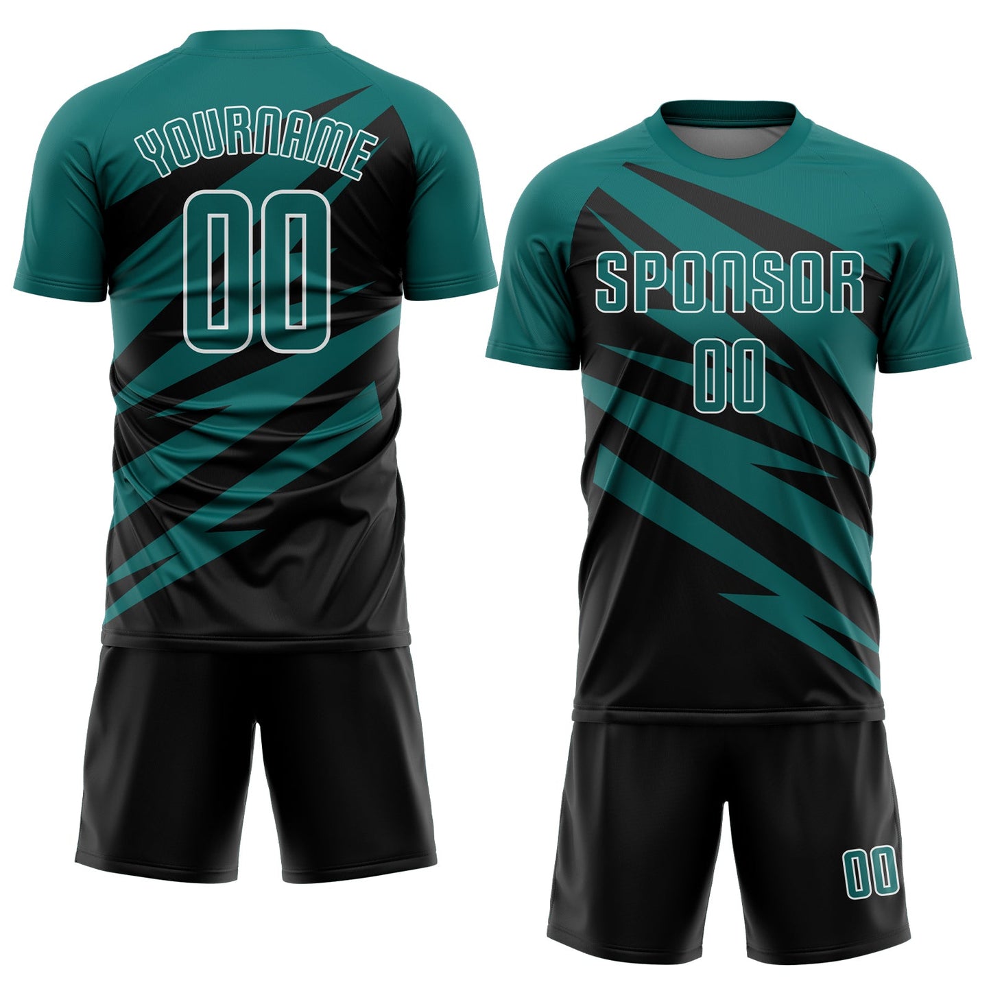 Custom Teal Black-White Abstract Line Sports Sublimation Soccer Uniform Jersey view 2