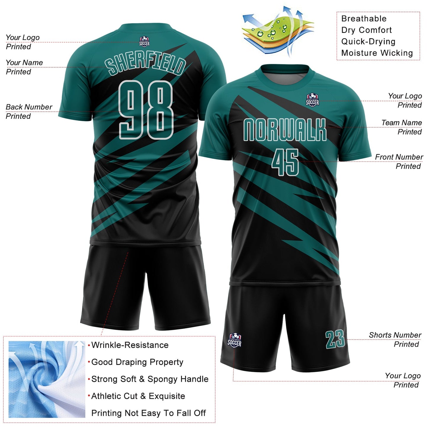 Custom Teal Black-White Abstract Line Sports Sublimation Soccer Uniform Jersey view 4