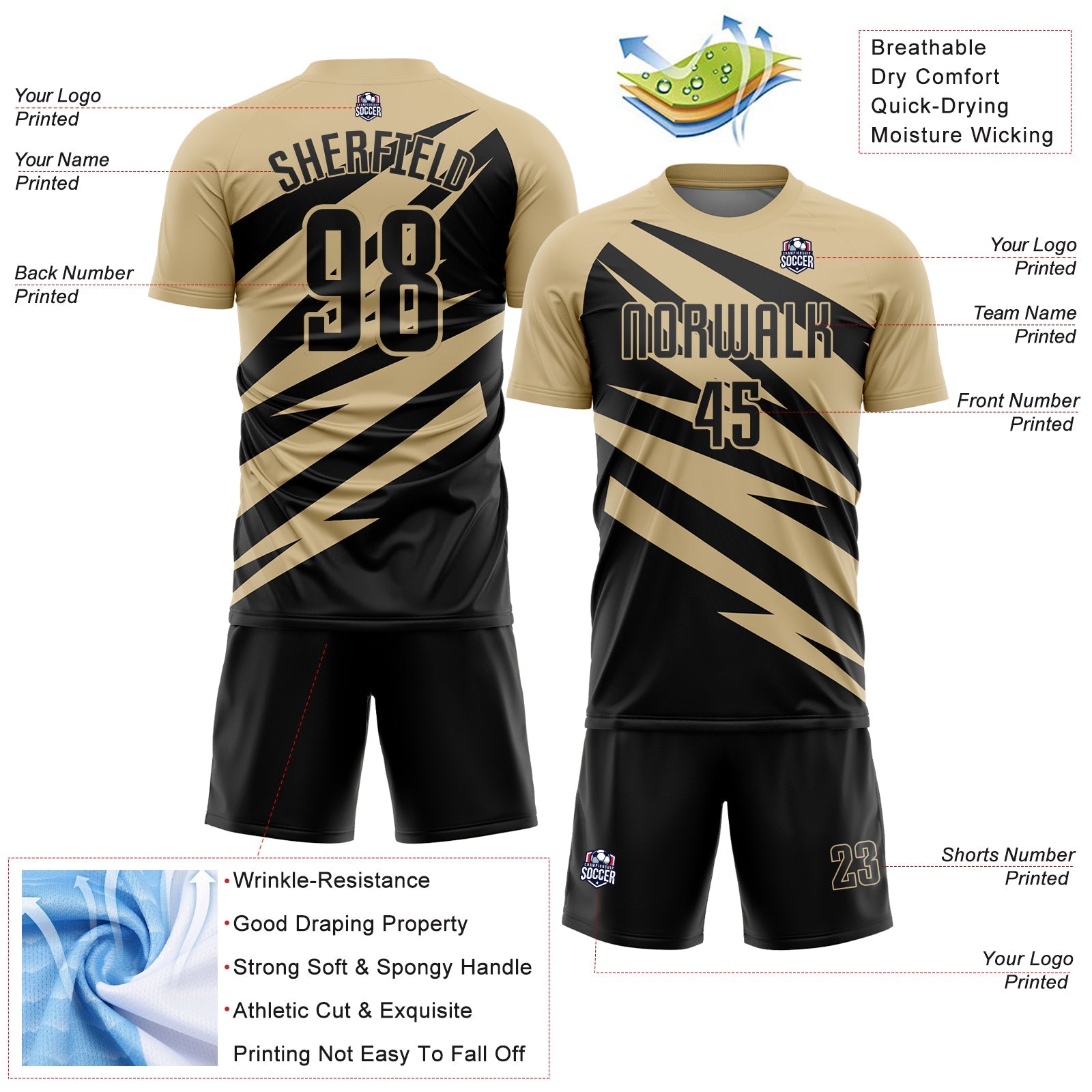 Custom Vegas Gold Black Abstract Line Sports Sublimation Soccer Uniform Jersey view 4