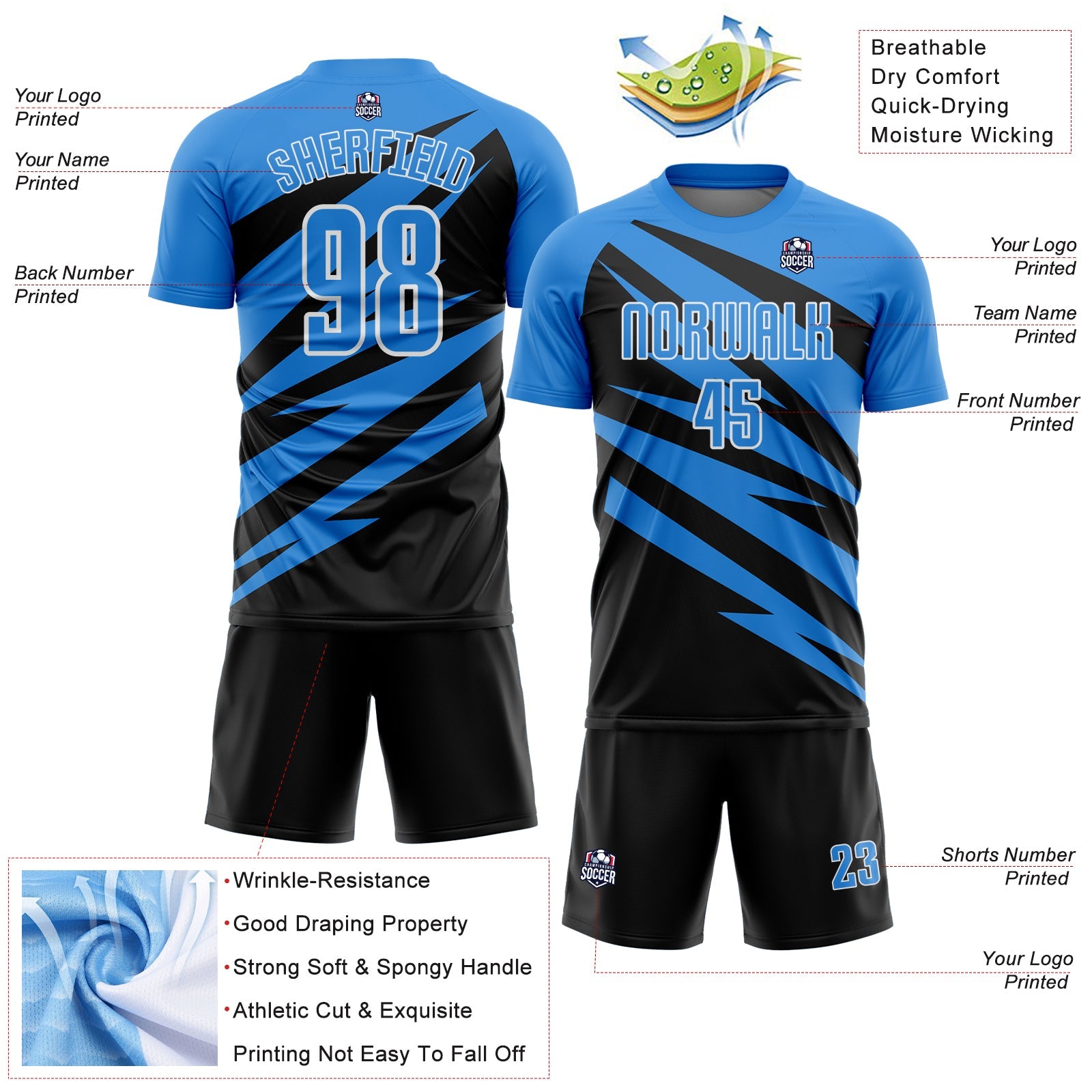 Custom Powder Blue Black-White Abstract Line Sports Sublimation Soccer Uniform Jersey view 4
