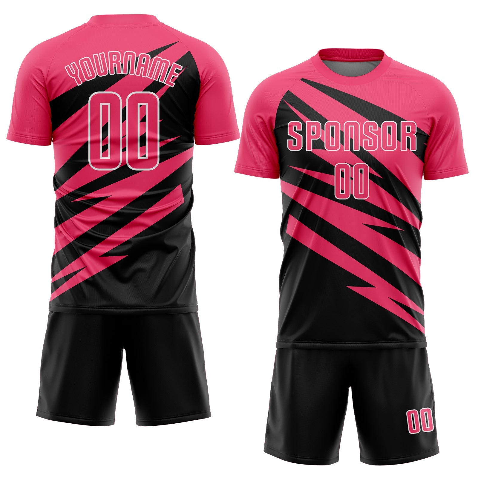 Custom Neon Pink Black-White Abstract Line Sports Sublimation Soccer Uniform Jersey view 2