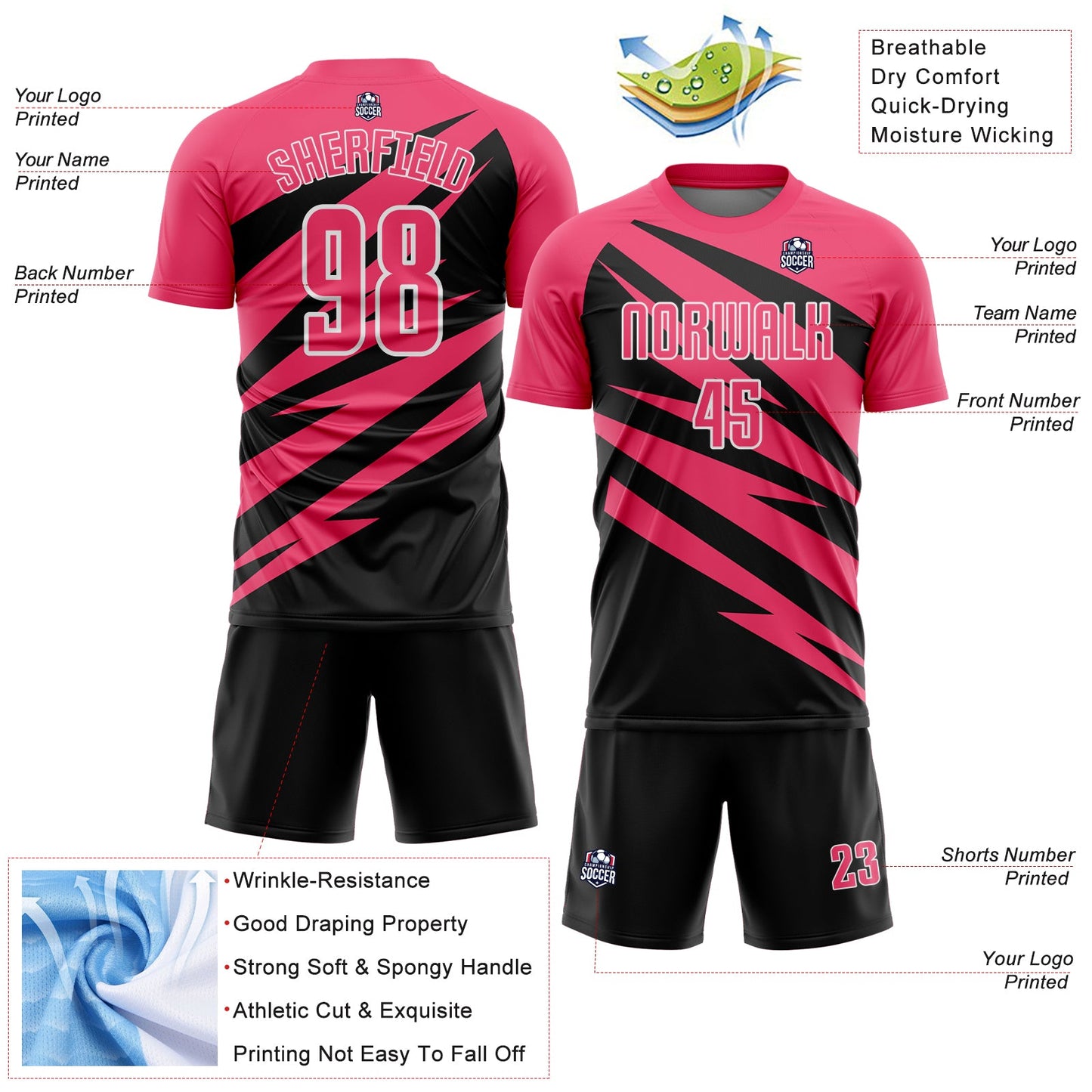 Custom Neon Pink Black-White Abstract Line Sports Sublimation Soccer Uniform Jersey view 4