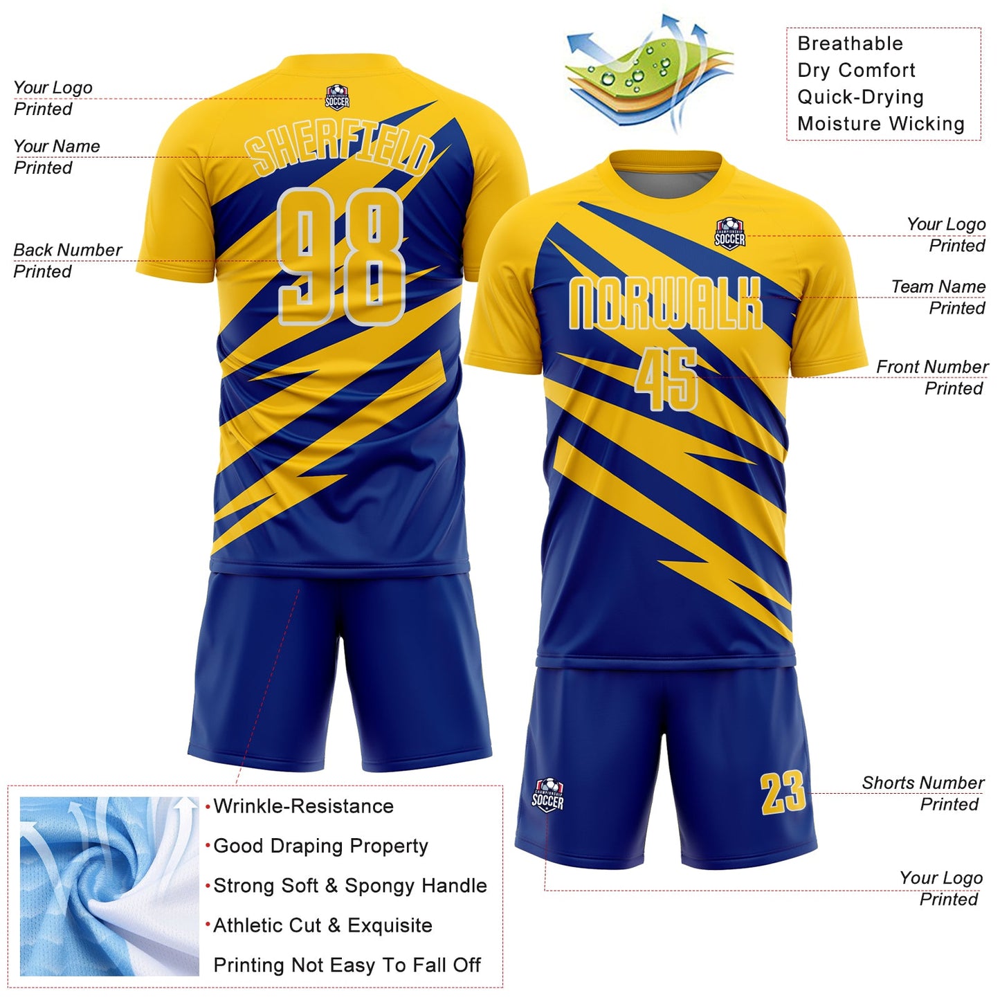 Custom Yellow Royal-White Abstract Line Sports Sublimation Soccer Uniform Jersey view 4