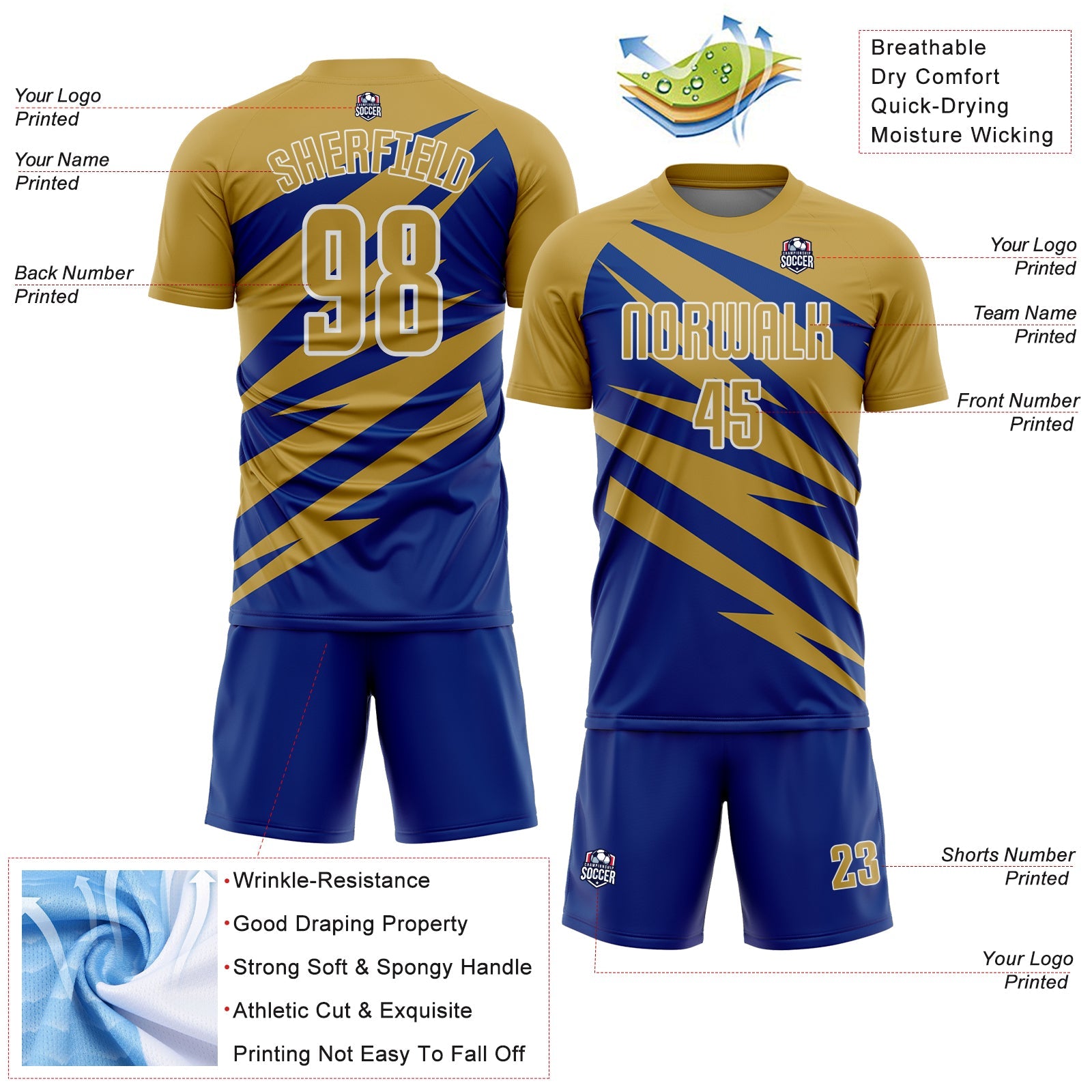 Custom Old Gold Royal-White Abstract Line Sports Sublimation Soccer Uniform Jersey view 4
