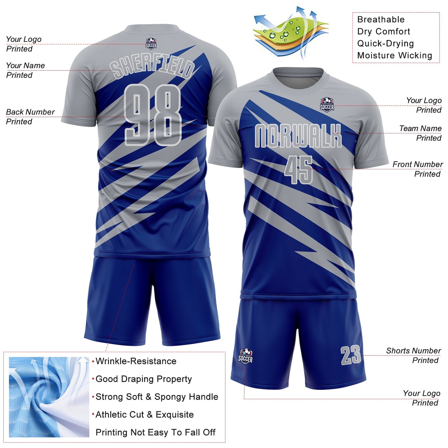 Custom Gray Royal-White Abstract Line Sports Sublimation Soccer Uniform Jersey view 4