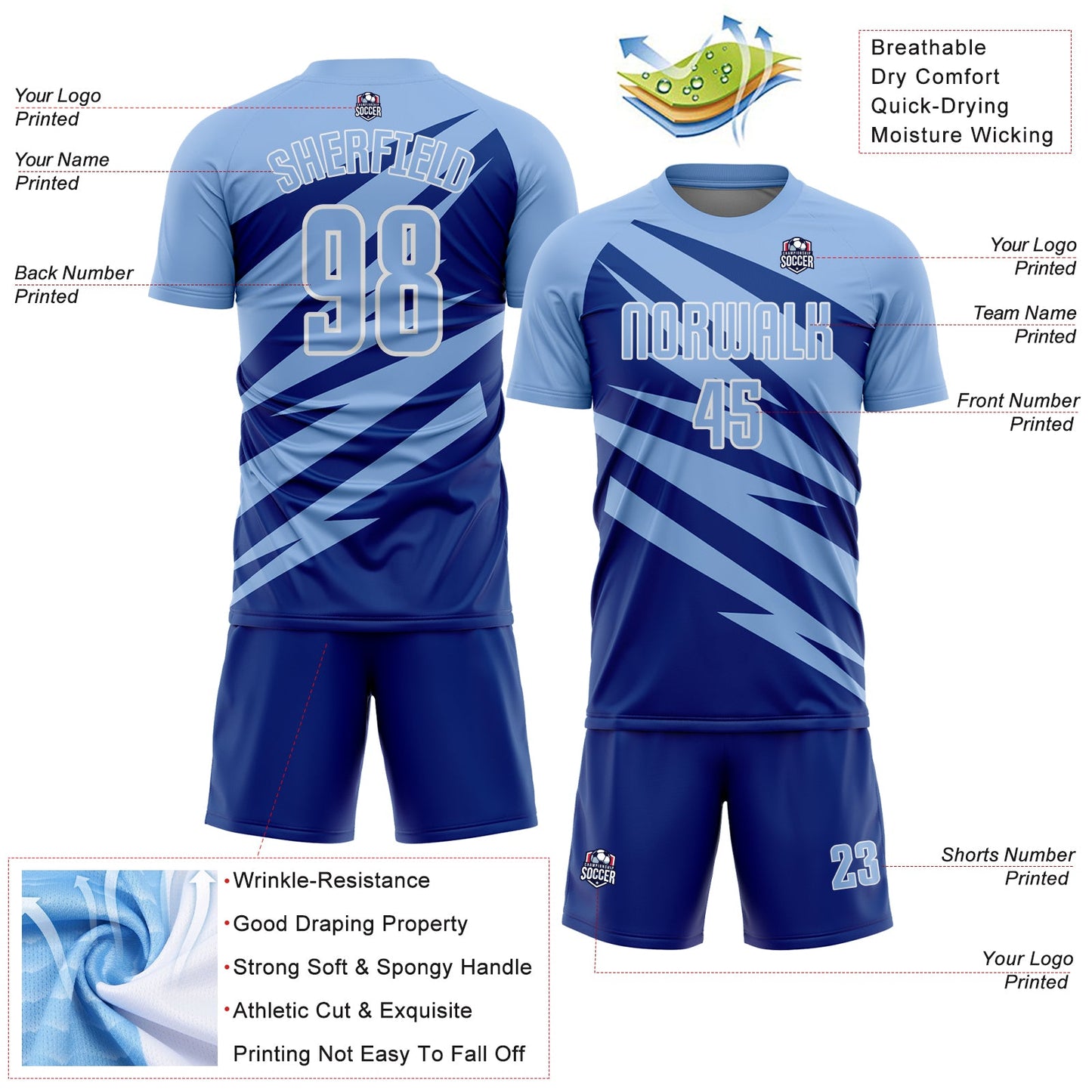Custom Light Blue Royal-White Abstract Line Sports Sublimation Soccer Uniform Jersey view 4