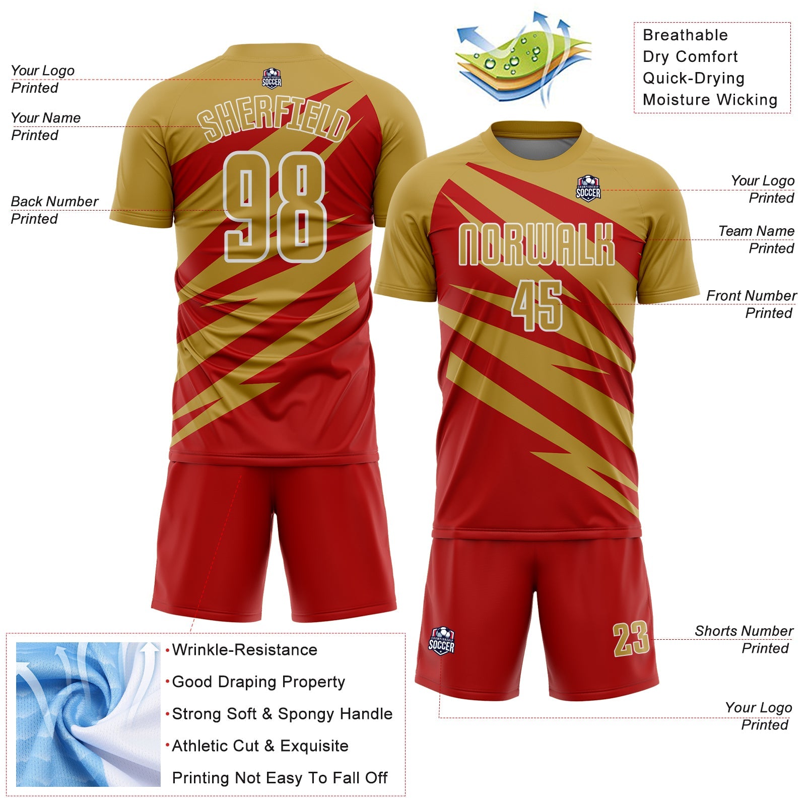 Custom Old Gold Red-White Abstract Line Sports Sublimation Soccer Uniform Jersey view 4