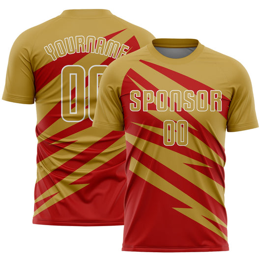 Custom Old Gold Red-White Abstract Line Sports Sublimation Soccer Uniform Jersey - Main View