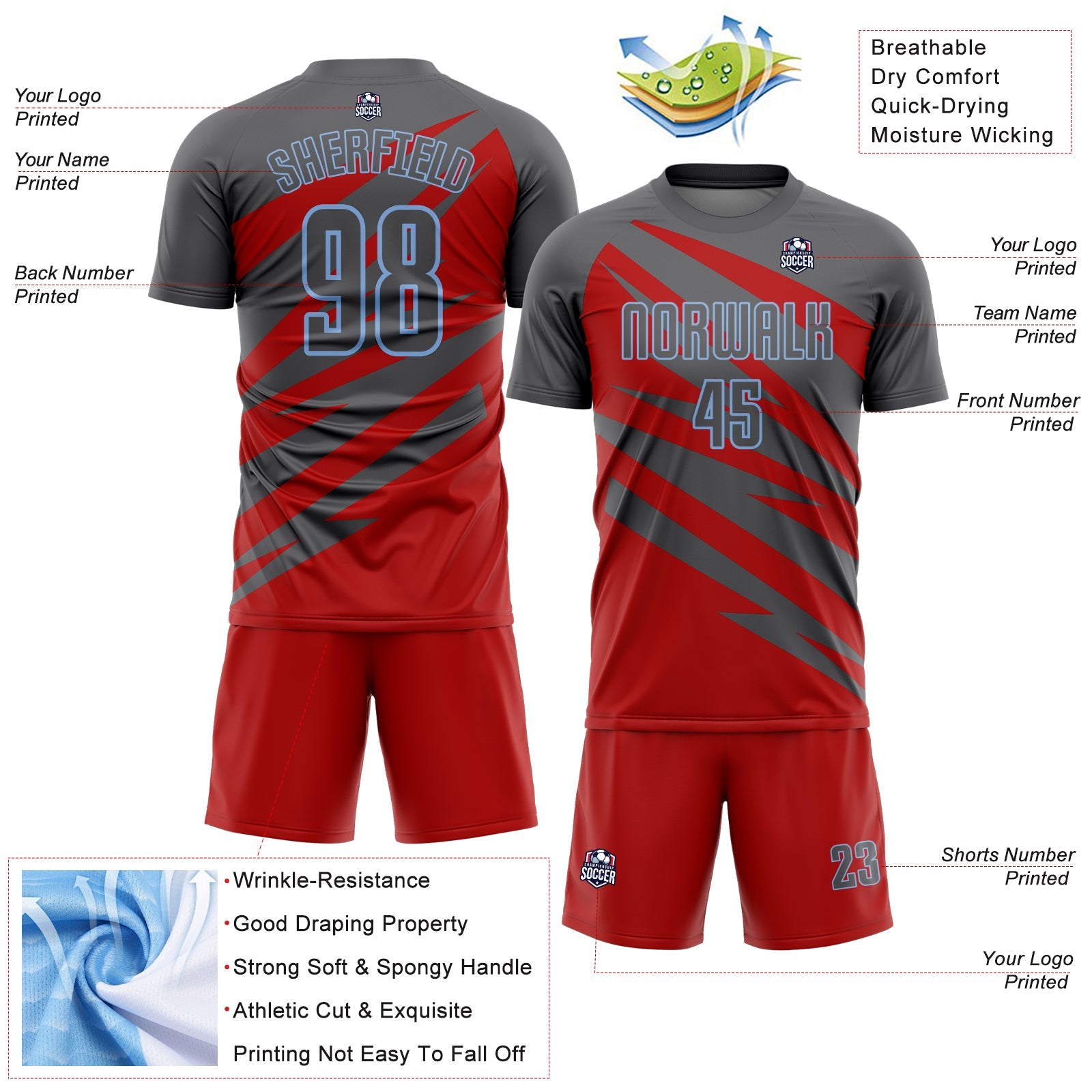 Custom Steel Gray Red-Light Blue Abstract Line Sports Sublimation Soccer Uniform Jersey view 4