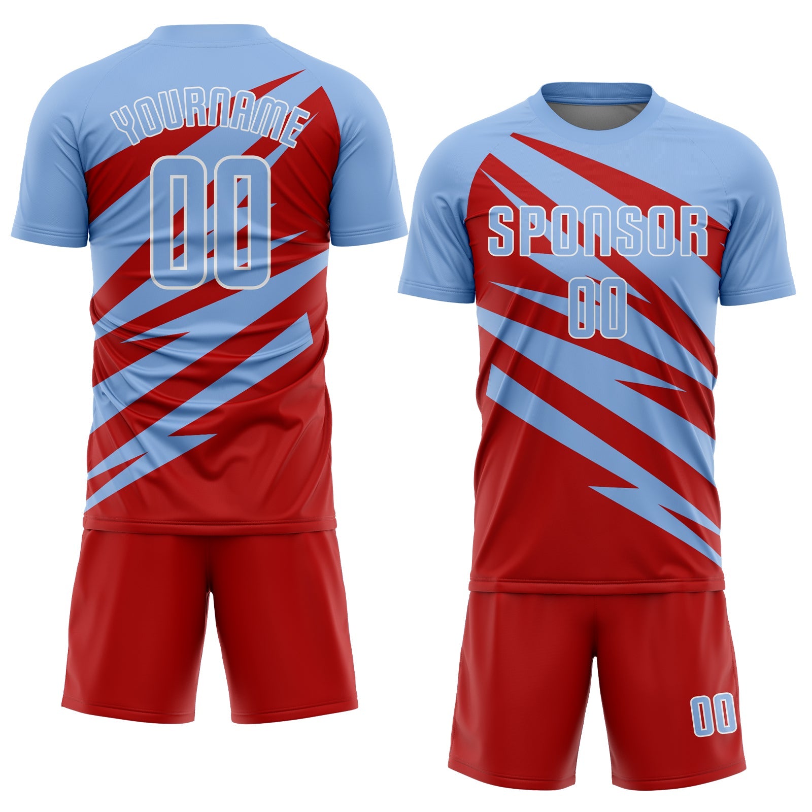 Custom Light Blue Red-White Abstract Line Sports Sublimation Soccer Uniform Jersey view 2