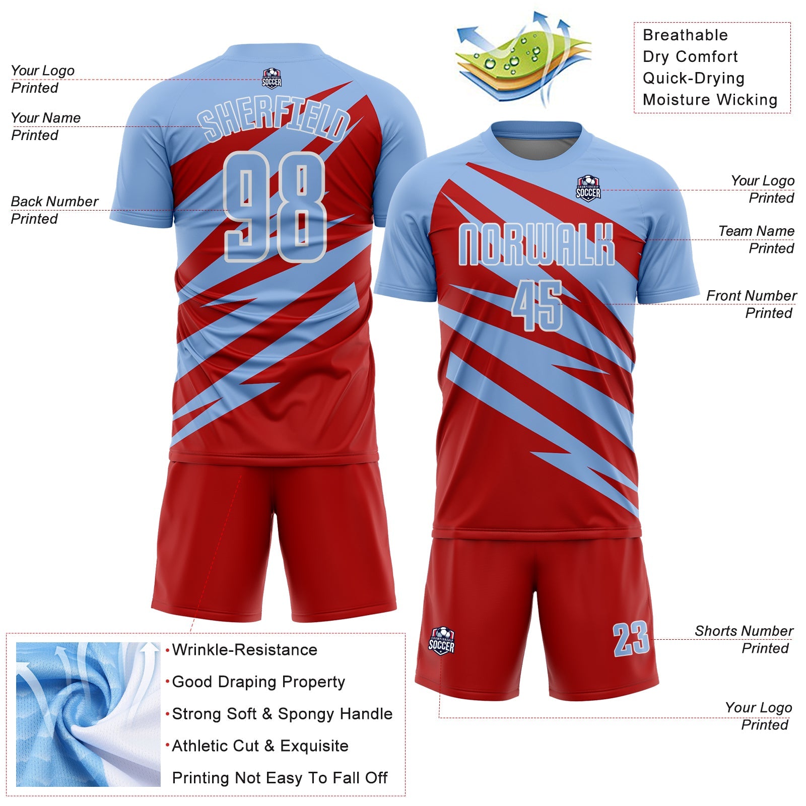 Custom Light Blue Red-White Abstract Line Sports Sublimation Soccer Uniform Jersey view 4