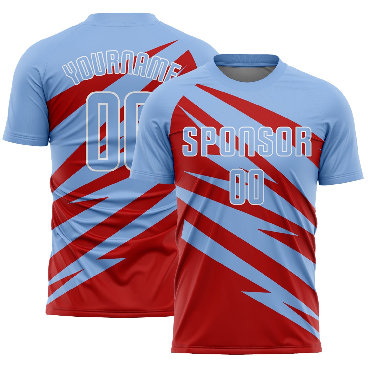 Custom Light Blue Red-White Abstract Line Sports Sublimation Soccer Uniform Jersey - Main View