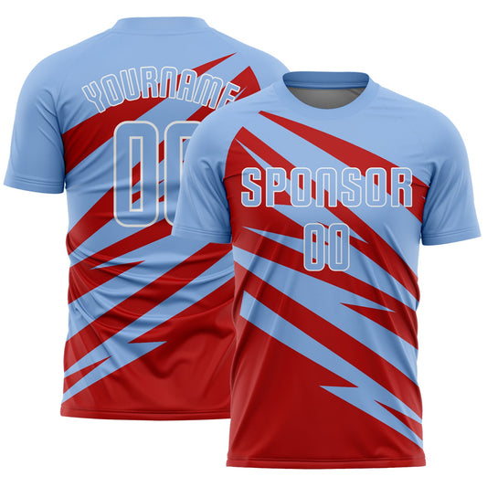 Custom Light Blue Red-White Abstract Line Sports Sublimation Soccer Uniform Jersey - Main View